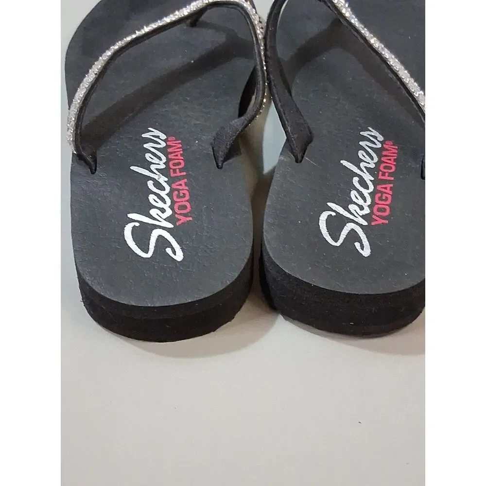 Skechers Womens Meditation Rhinestone Yoga Foam Flip Flop Sandals Black Size 6
